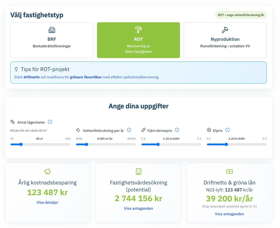 Interactive Evertherm savings calculator for housing cooperatives, renovation projects and new construction